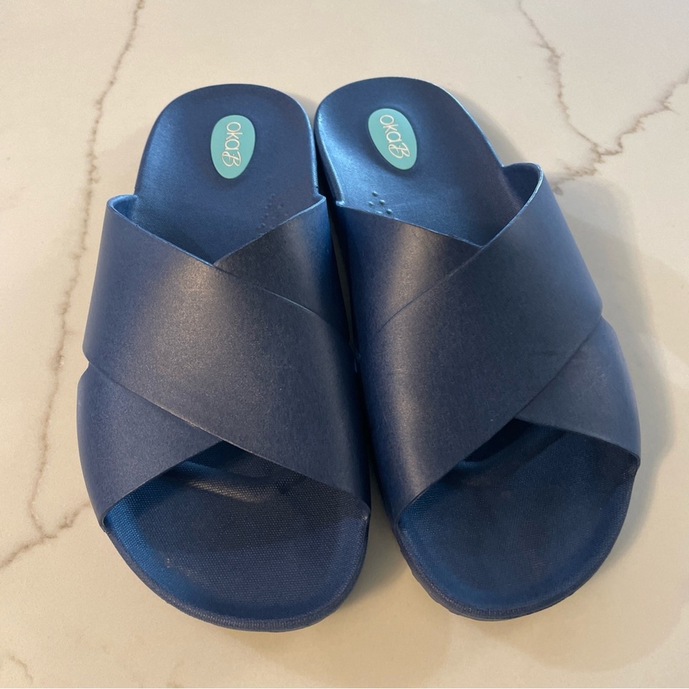 OKA b. Navy Blue Crossband Slide Sandals